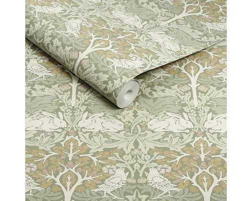 Tapetrulle med fågel-, kanin- och trämotiv