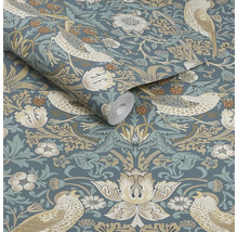 Tapet med fågel-, blom- och jordgubbsmönster