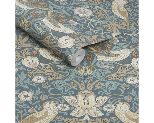 Tapet med fågel-, blom- och jordgubbsmönster