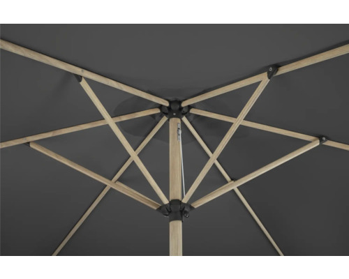 Invändig vy av ett parasoll med träram och grått parasollstak