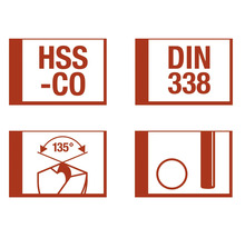 HSS-CO borr symbol, DIN 338 standard, 135 graders borrspets, borrdiameter symbol