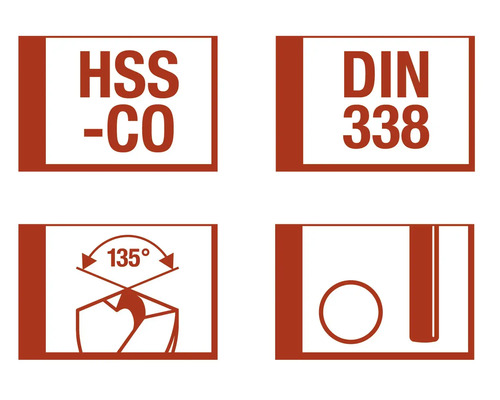 HSS-CO borr symbol, DIN 338 standard, 135 graders borrspets, borrdiameter symbol