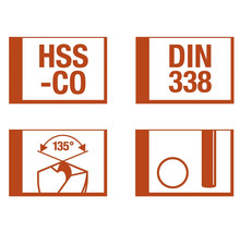 Symboler för borrar: HSS-CO, DIN 338, 135 graders spetsvinkel, borrdiameter