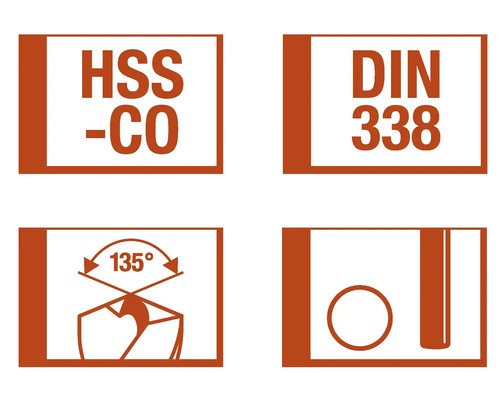Symboler för borrar: HSS-CO, DIN 338, 135 graders spetsvinkel, borrdiameter
