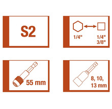 Information om S2-stål, ¼-tums sexkantsfäste, ¼-tums och 3/8-tums fyrkantsfäste samt 55 millimeter lång bitshållare och hylsinsatser på 8, 10 och 13 millimeter