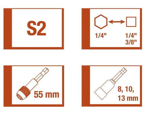 Information om S2-stål, ¼-tums sexkantsfäste, ¼-tums och 3/8-tums fyrkantsfäste samt 55 millimeter lång bitshållare och hylsinsatser på 8, 10 och 13 millimeter