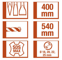 Symboler och mått för ett borr: borrformer, 400 mm, 540 mm, SDS Max, diameter 18 mm, 20 mm, 22 mm, 25 mm