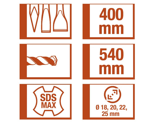 Symboler och mått för ett borr: borrformer, 400 mm, 540 mm, SDS Max, diameter 18 mm, 20 mm, 22 mm, 25 mm