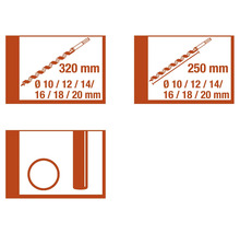 Information om träborrar med måtten 320 mm och 250 mm samt diametrarna 10, 12, 14, 16, 18 och 20 mm.