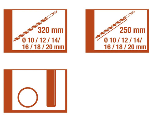 Information om träborrar med måtten 320 mm och 250 mm samt diametrarna 10, 12, 14, 16, 18 och 20 mm.