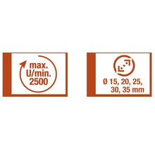 Symbol för maximalt varvtal 2500 varv/min och borrdiameter 15, 20, 25, 30, 35 mm