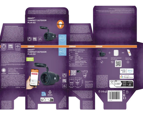 Förpackning för Osram Smart+ kompakt utomhusplugg med tekniska detaljer