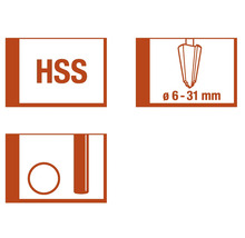 HSS-symbol för verktyg av snabbstål, diameterområde från 6 till 31 millimeter, symbol för borrning av hål