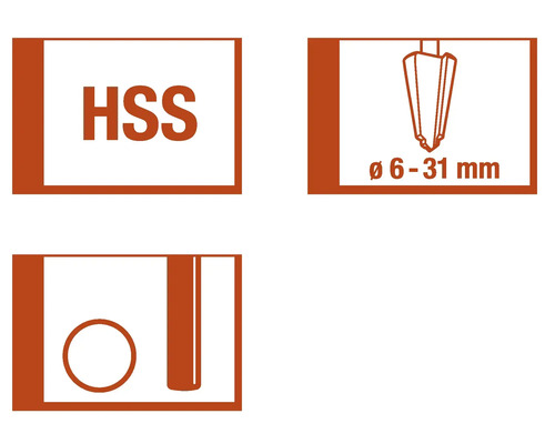 HSS-symbol för verktyg av snabbstål, diameterområde från 6 till 31 millimeter, symbol för borrning av hål