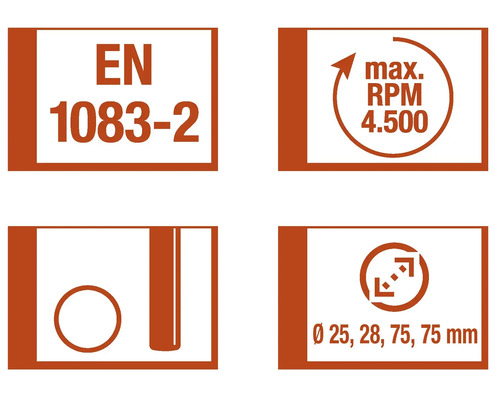 EN 1083-2 standard, maximalt varvtal 4500 varv per minut, diameter 25, 28, 75, 75 millimeter