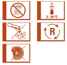Piktogram: Skydda mot fukt, lagringstemperatur 2 till 30 grader, frätande, återvinning och använd ögonskydd