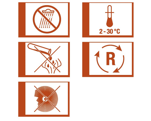 Piktogram: Skydda mot fukt, lagringstemperatur 2 till 30 grader, frätande, återvinning och använd ögonskydd