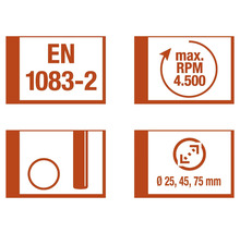 EN 1083-2 standard, maximalt varvtal 4500 varv per minut, diameter 25, 45, 75 millimeter