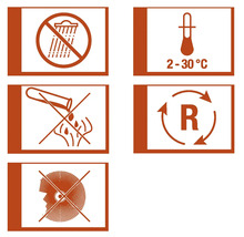 Symboler för produktförvaring och hantering: Skydda mot regn, lagringstemperatur 2 till 30 grader, får inte spolas ned i avloppet, återvinning, använd ögonskydd