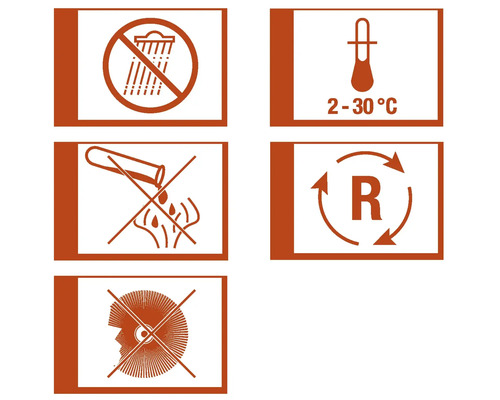 Symboler för produktförvaring och hantering: Skydda mot regn, lagringstemperatur 2 till 30 grader, får inte spolas ned i avloppet, återvinning, använd ögonskydd
