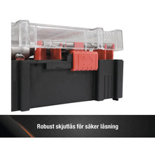 Detaljvy av en verktygslåda med transparent lock och rött skjutlås