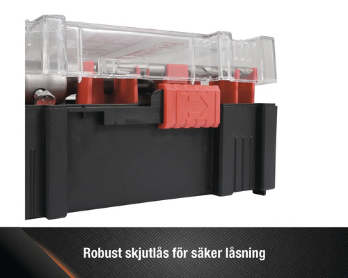 Detaljvy av en verktygslåda med transparent lock och rött skjutlås