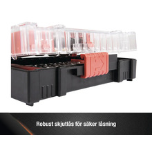 Verktygslåda med transparent lock och skjutlås