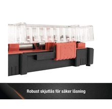 Detaljvy av en verktygslåda med skjutlås