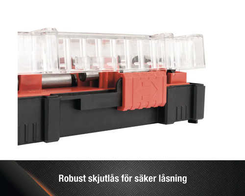 Detaljvy av en verktygslåda med skjutlås