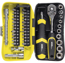 Verktygssats med spärrnyckel, skruvmejsel och bits i gul väska