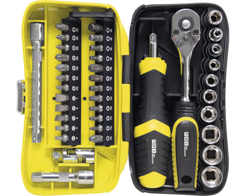 Rörnyckelsats WGB 1/4" 39-delars Verktygssats med spärrnyckel, skruvmejsel och bits i gul väska