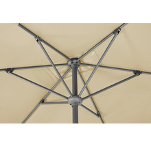 Undersida av ett parasoll med metallram och tygklädsel