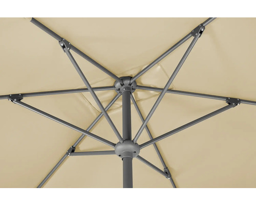 Undersida av ett parasoll med metallram och tygklädsel