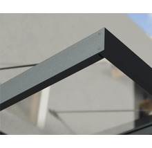 Detalj av ett modernt entrétak med aluminiumram i antracit och genomskinlig glaspanel.