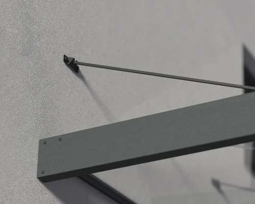Detaljvy av ett modernt entrétak med antracitfärgad metallram och dragstång, monterat på en husvägg.