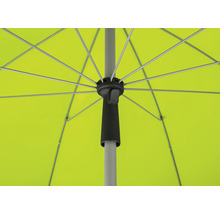 Detaljvy av ett parasoll med ljusgrön skärm och silverfärgade stänger