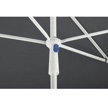 Detaljvy av ett parasoll med vit ram och blå knapp