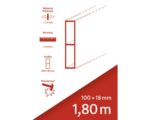 Materialtjocklek mindre än 1,2 millimeter, noggrannhet 1 millimeter per meter, profil 100 x 18 millimeter, stöttålig, längd 1,80 meter