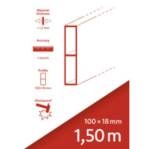 Materialtjocklek under 1,2 mm, noggrannhet 1 mm per meter, profil 100 x 18 mm, stöttålig, längd 1,50 meter
