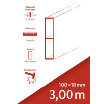 Produktinformation: materialtjocklek mindre än 1,2 mm, noggrannhet 1 mm/m, profil 100x18 mm, stöttålig, längd 3,00 m