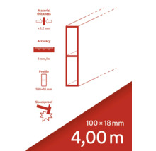 Materialtjocklek mindre än 1,2 millimeter, noggrannhet 1 millimeter per meter, profil 100 x 18 millimeter, stöttålig