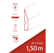 Produktinformation: Materialtjocklek under 1,1 mm, noggrannhet 1 mm per meter, profil 97 x 17 mm, stöttålig, längd 1,50 meter