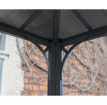 Detaljvy av en paviljongkonstruktion med metallstolpar och tak