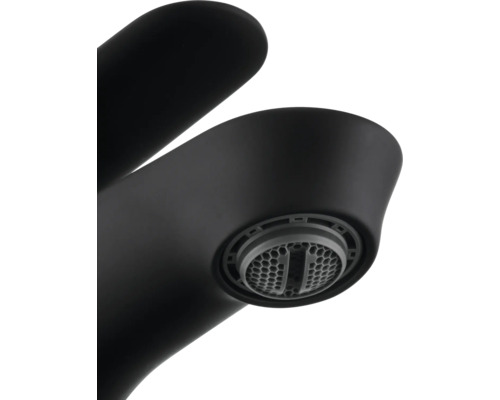 Närbild av en svart vattenkran med perlator