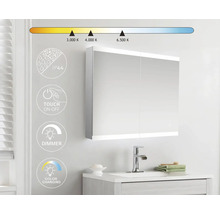 Badrum med spegelskåp, handfat, armatur och symbolerna IP44, Touch On-Off, Dimmer och Färgbyte