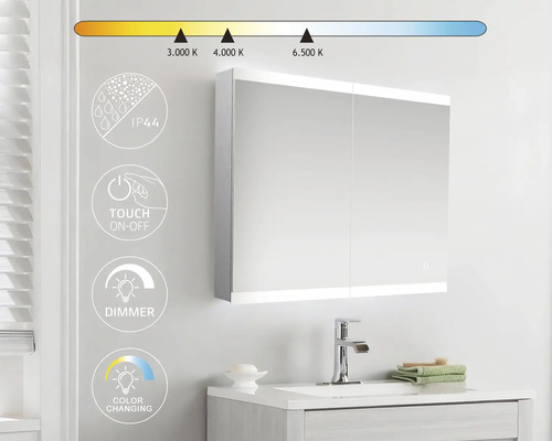 Badrum med spegelskåp, handfat, armatur och symbolerna IP44, Touch On-Off, Dimmer och Färgbyte