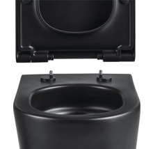 Svart vägghängd toalett med djup spolkant, öppen spolkant och toalettsits