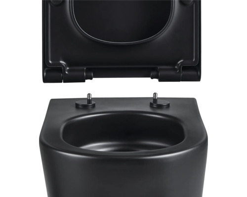 Svart vägghängd toalett med djup spolkant, öppen spolkant och toalettsits