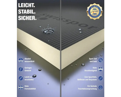 Swisspor platta med produktegenskaper och Swisspor kvalitetsstämpel