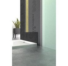 Badrum med duschkabin, kakel och byggskiva